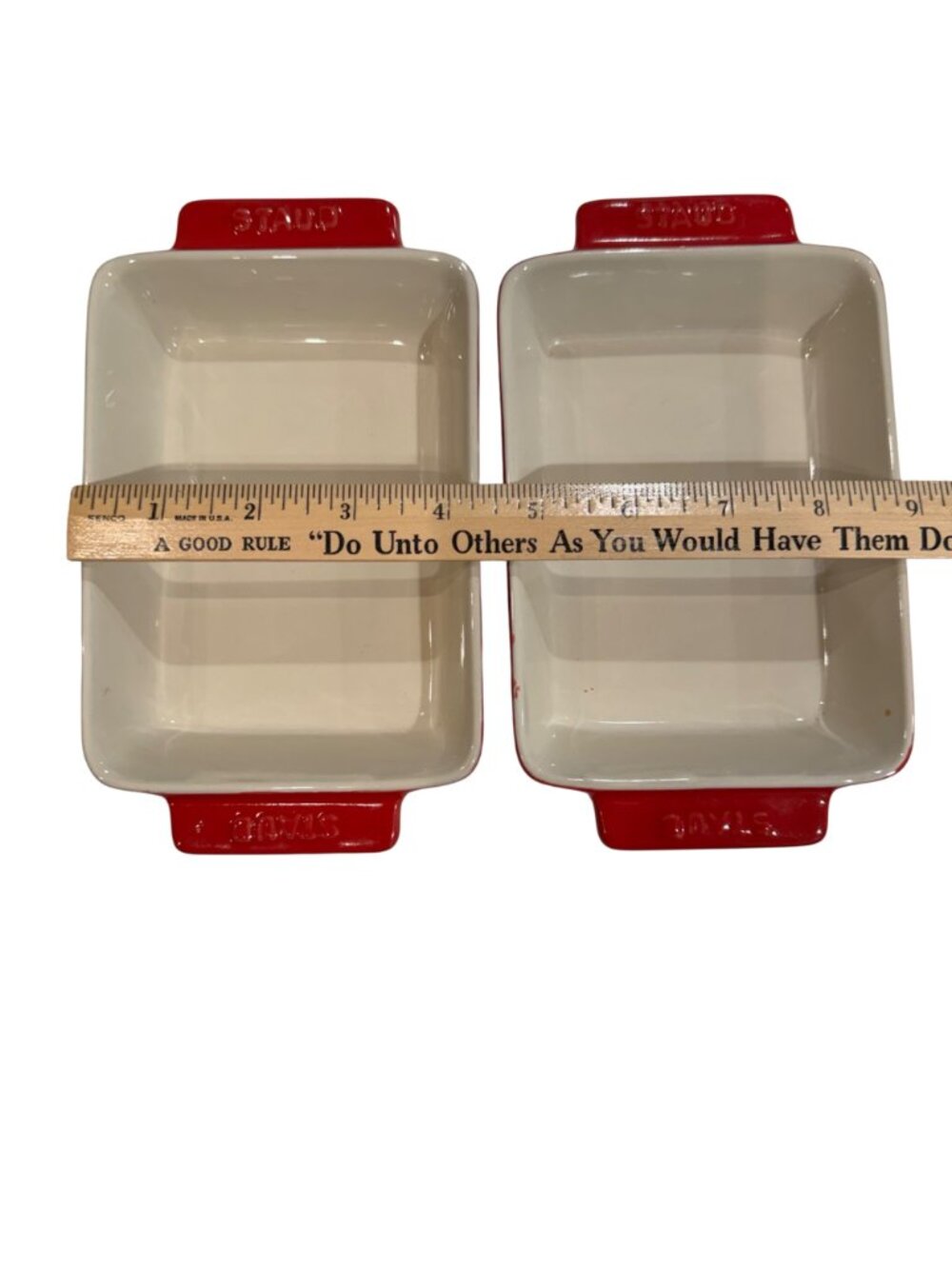 2 Staub Ceramic Rectangular Individual Baking Dishes Set Cherry Red Cream 6.5 in - Picture 3 of 14